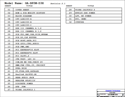 More information about "GIGABYTE GA-B85M-D3H Rev 1.1, 1.2, 1.11, 1.12, 2.02, 2.1 Schematic.PDF and BoardView.TVW/.PDF"
